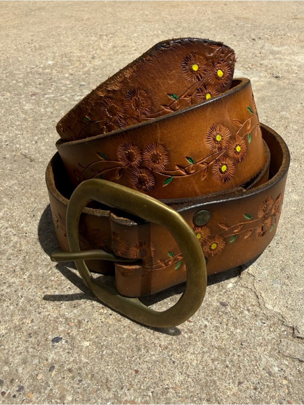 Hand-Tooled Brown Floral Leather Belt with Brass Buckle 40”